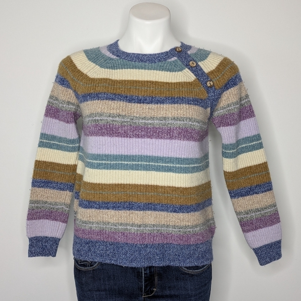 Woolovers Purple Blue Cream Tan Striped Lambswool Wool Sweater M